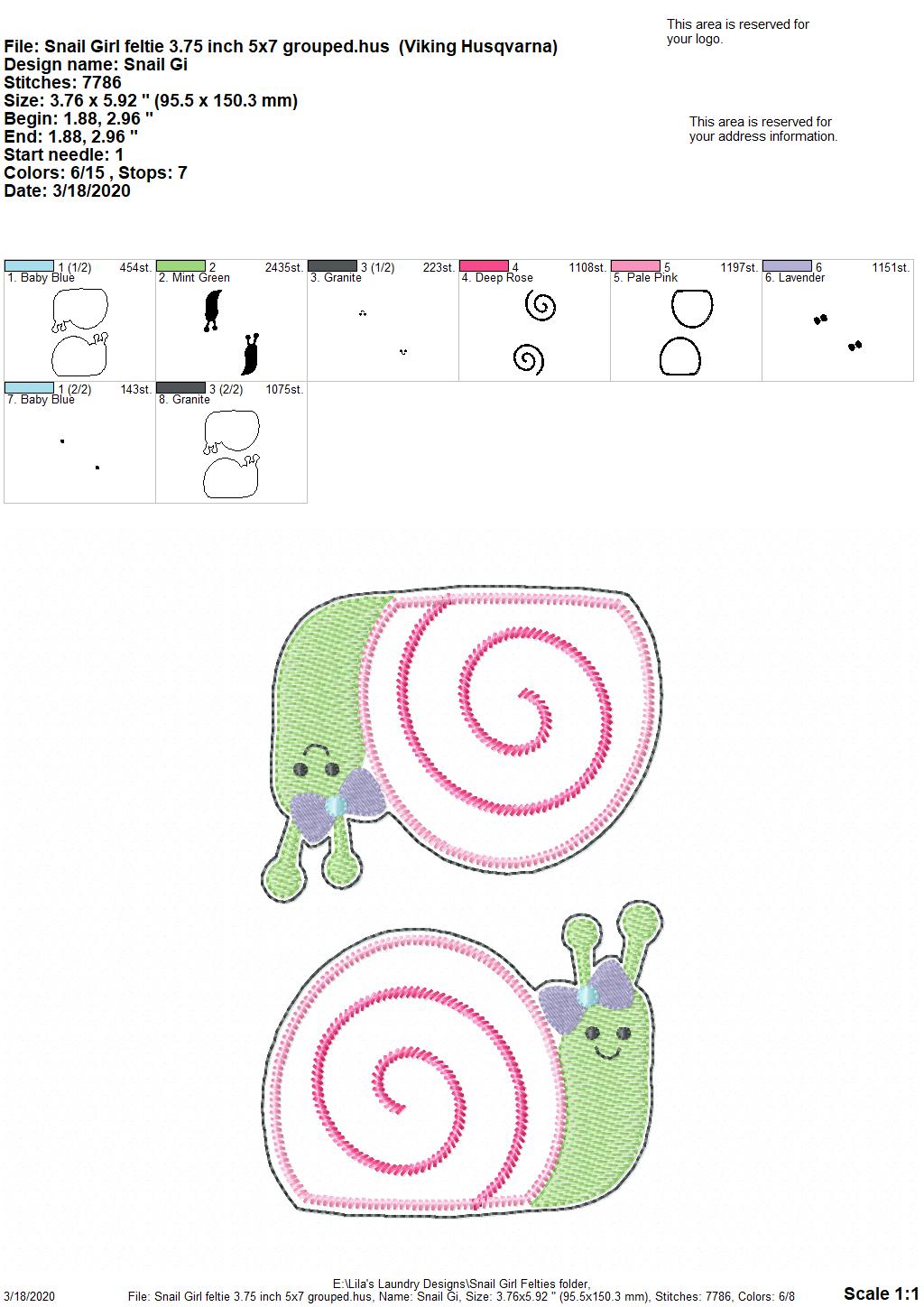 Snail Girl Felties - 3 sizes - Digital Embroidery Design