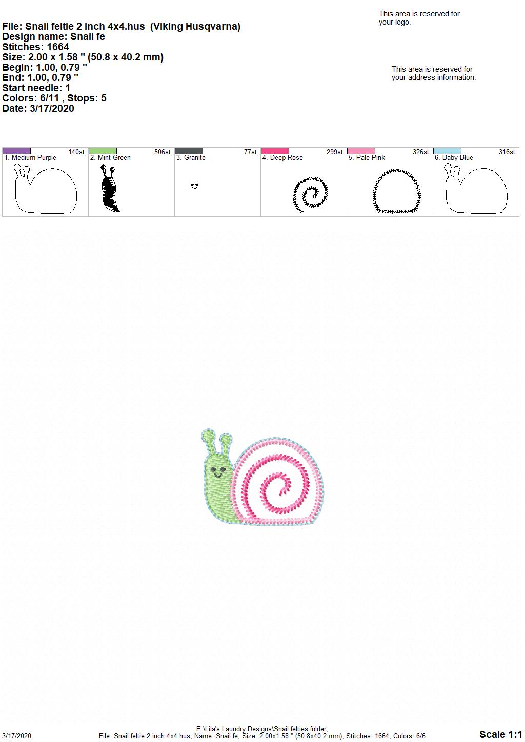 Snail Felties - 3 sizes - Digital Embroidery Design