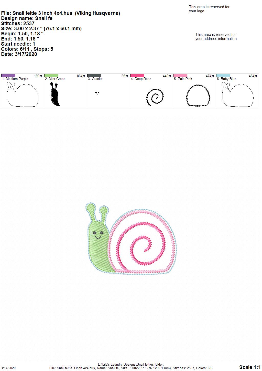 Snail Felties - 3 sizes - Digital Embroidery Design