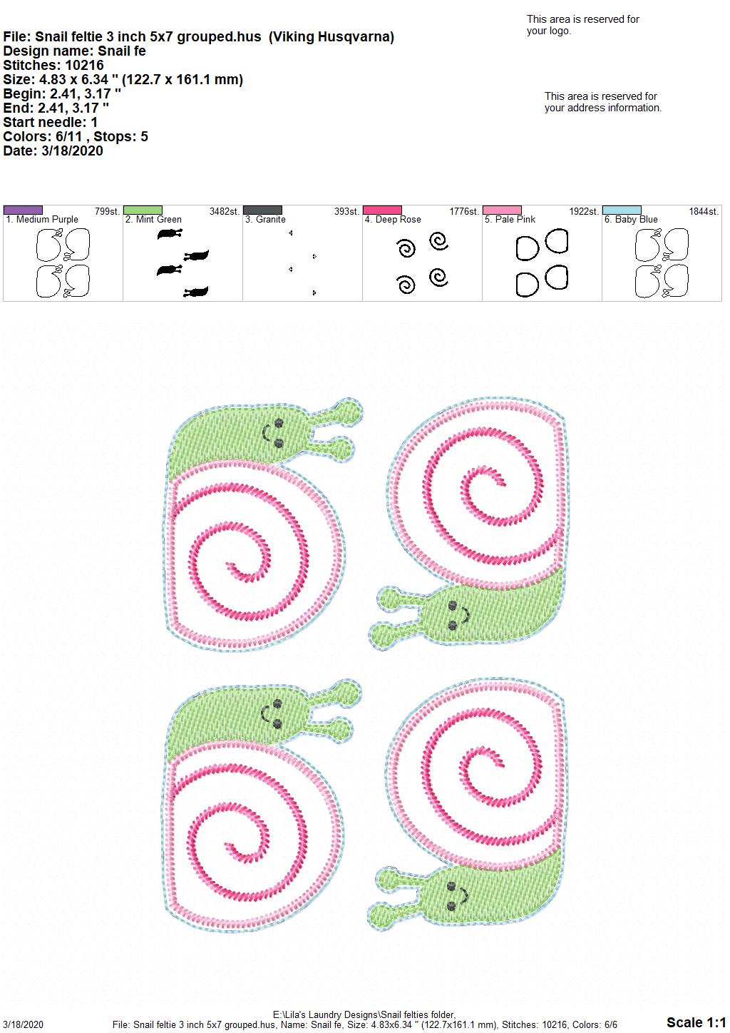 Snail Felties - 3 sizes - Digital Embroidery Design