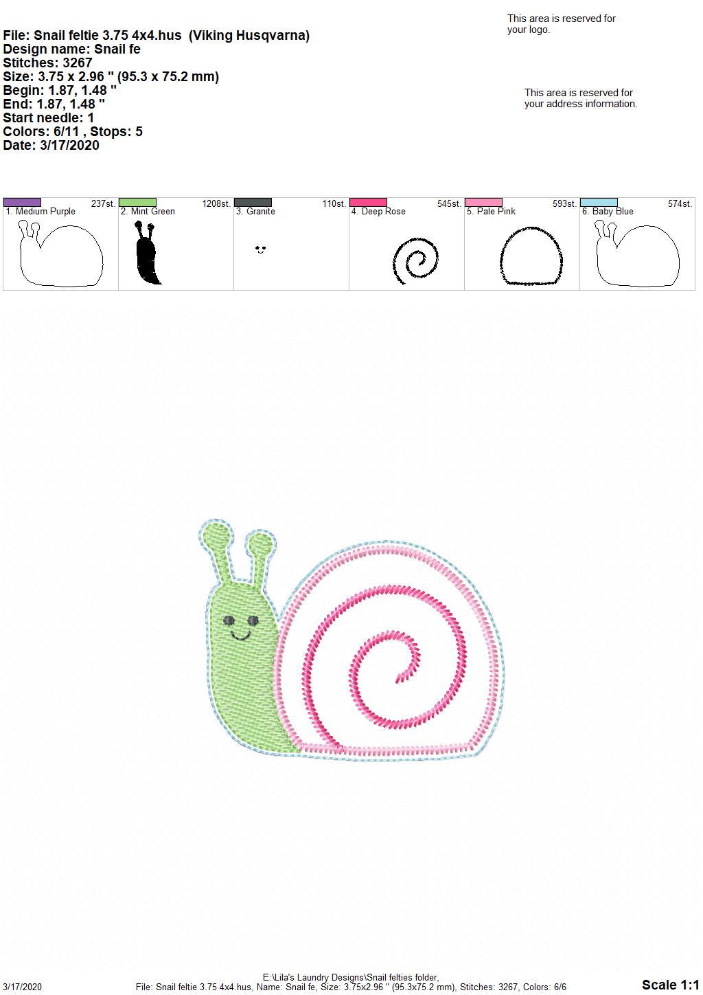 Snail Felties - 3 sizes - Digital Embroidery Design