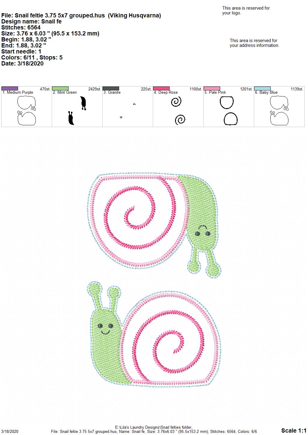 Snail Felties - 3 sizes - Digital Embroidery Design