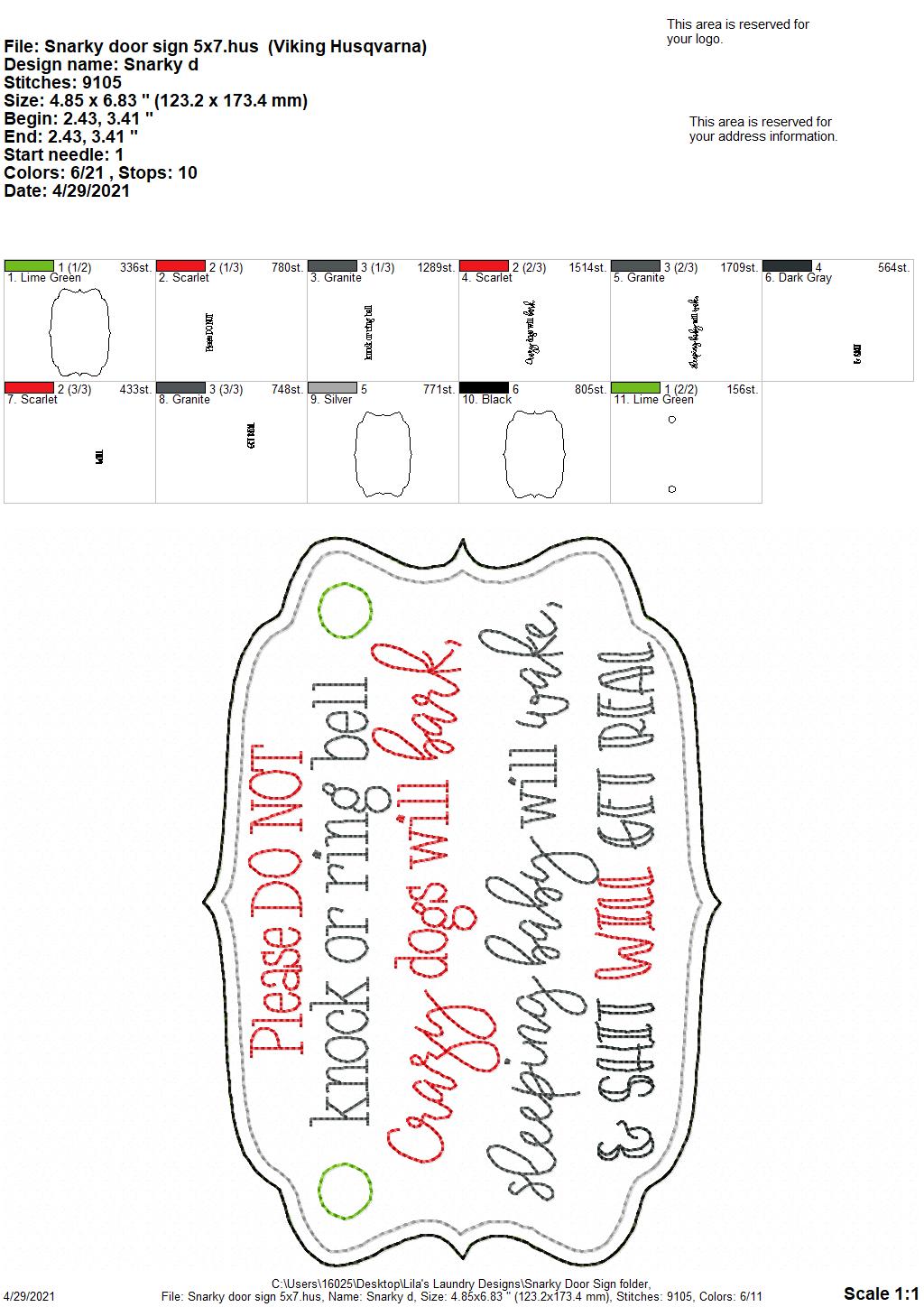 Snarky Door Hanger - 3 sizes - Digital Embroidery Design