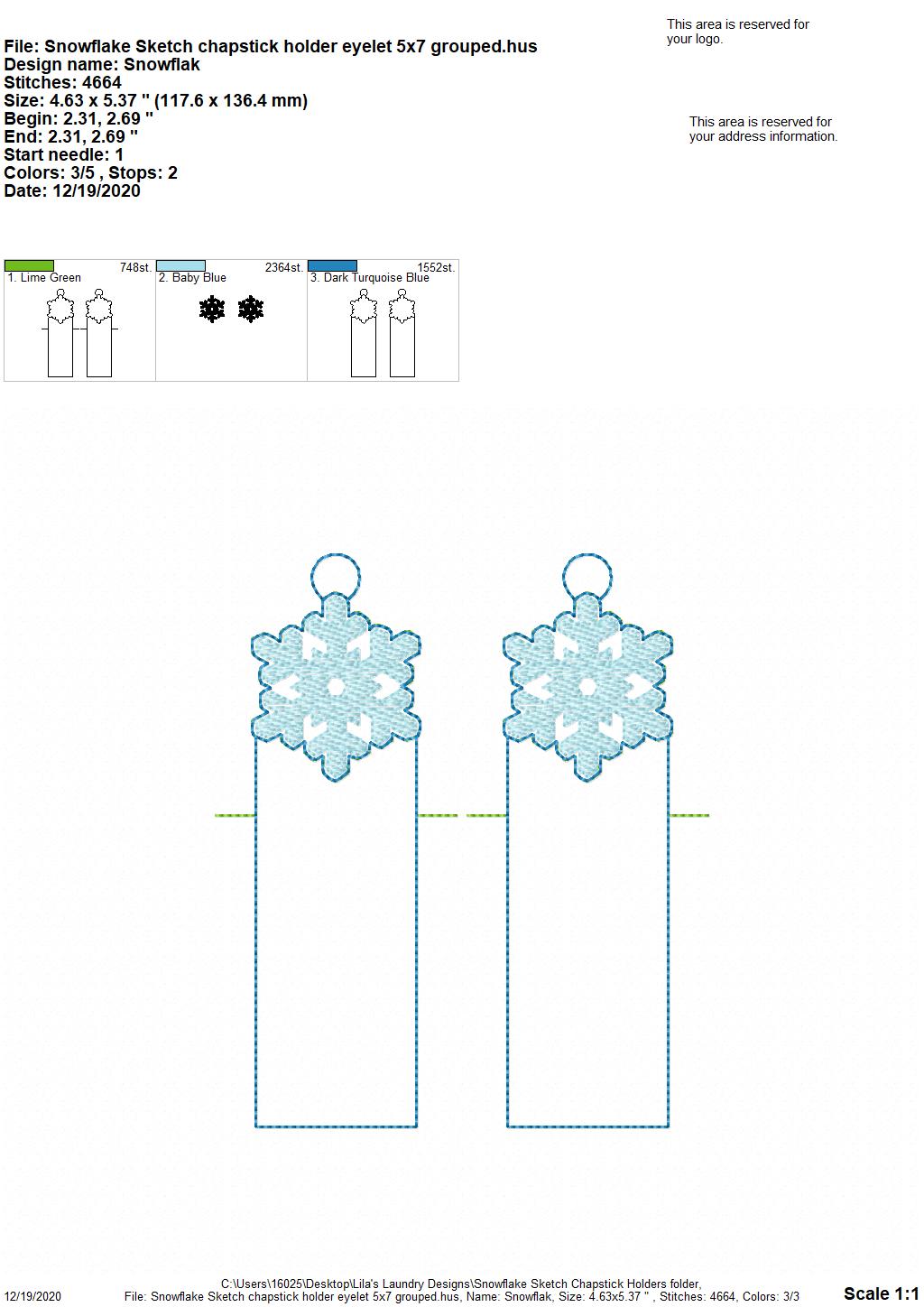Snowflake Sketch Lip Balm Holders 5x7 - DIGITAL Embroidery DESIGN