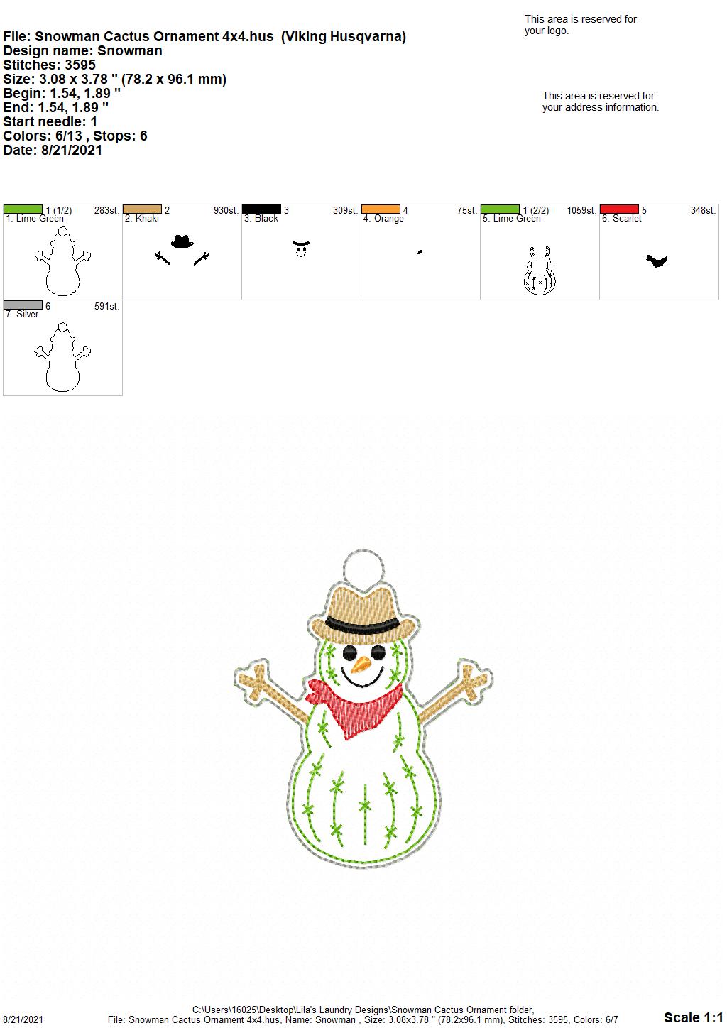 Cactus Snowman Ornament - Digital Embroidery Design