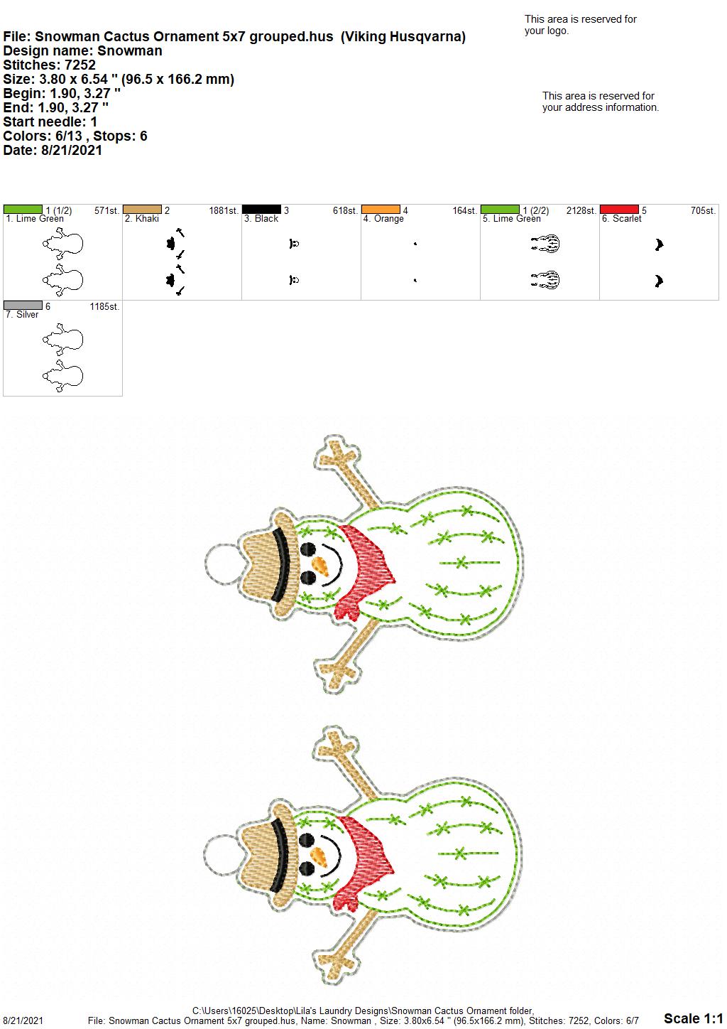 Cactus Snowman Ornament - Digital Embroidery Design