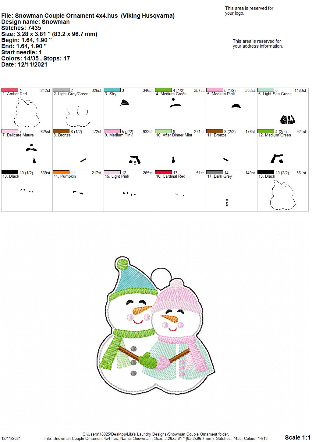 Snowman Couple Ornament - Digital Embroidery Design