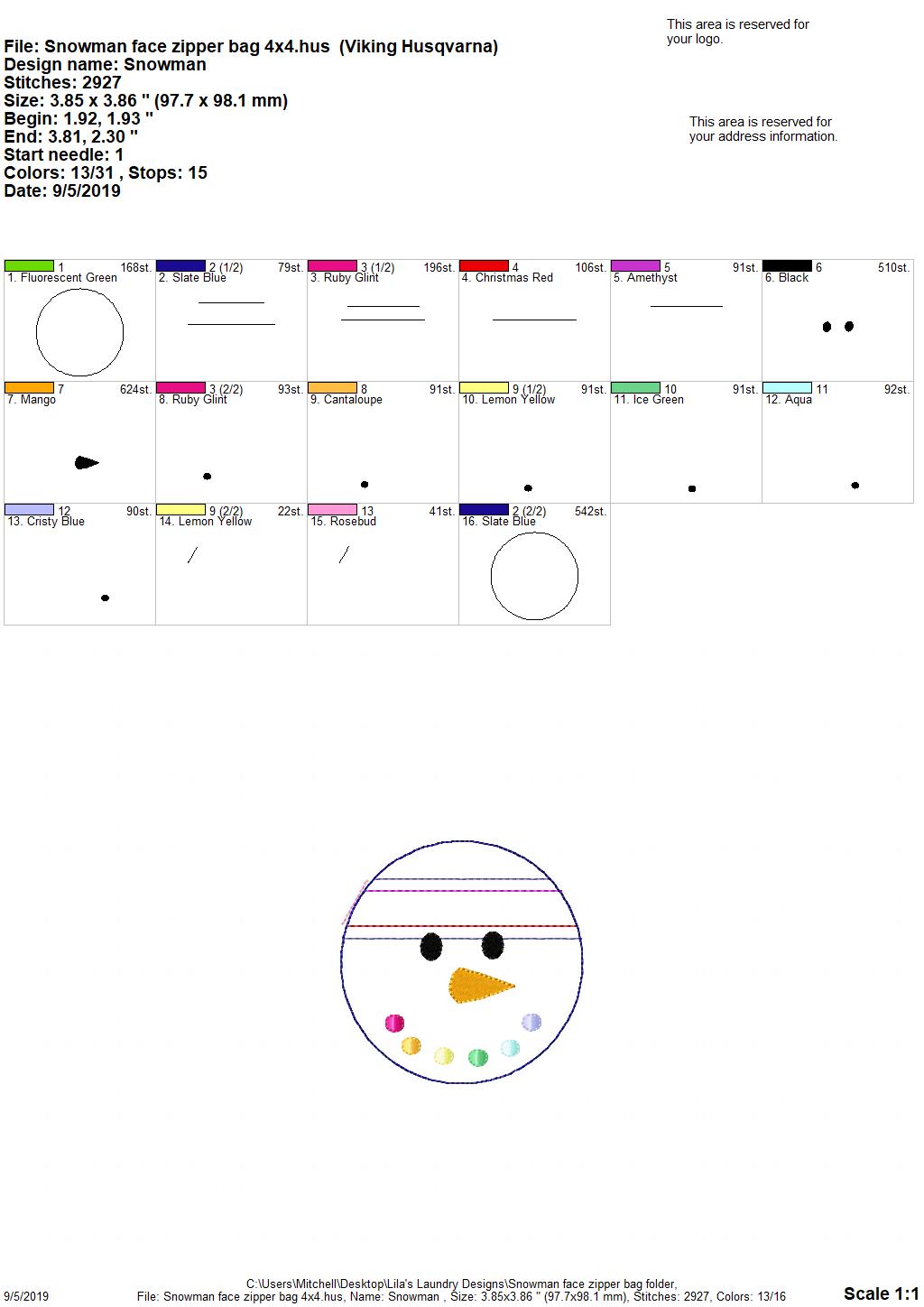 Snowman Face Zipper Bag - 3 sizes - Digital Embroidery Design