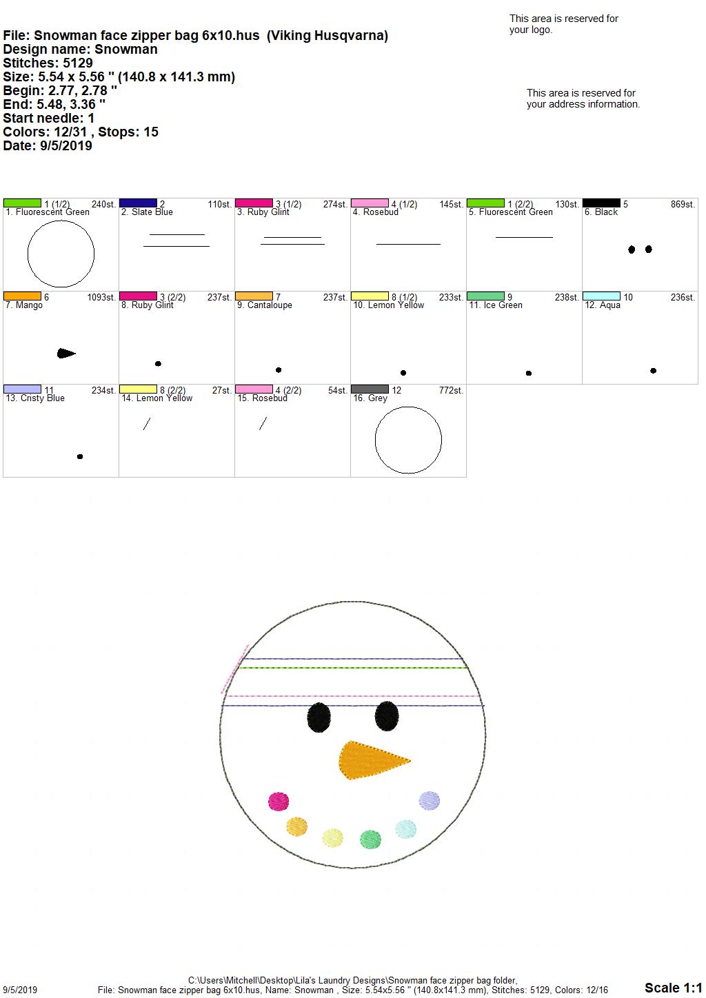 Snowman Face Zipper Bag - 3 sizes - Digital Embroidery Design