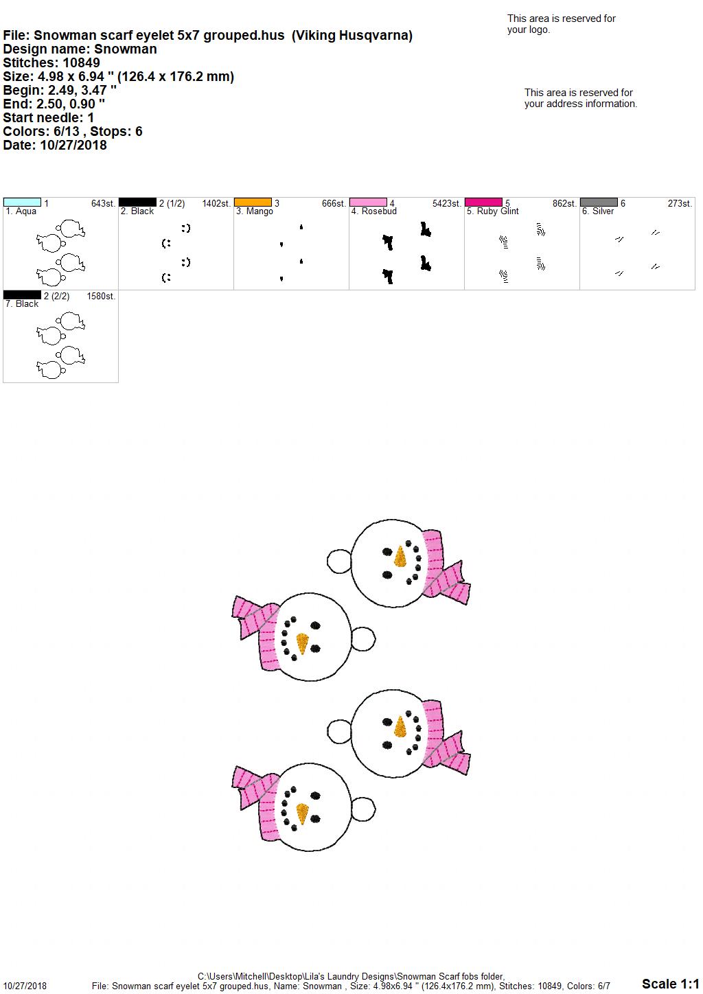 Snowman Scarf Fobs - Embroidery Design - DIGITAL Embroidery DESIGN