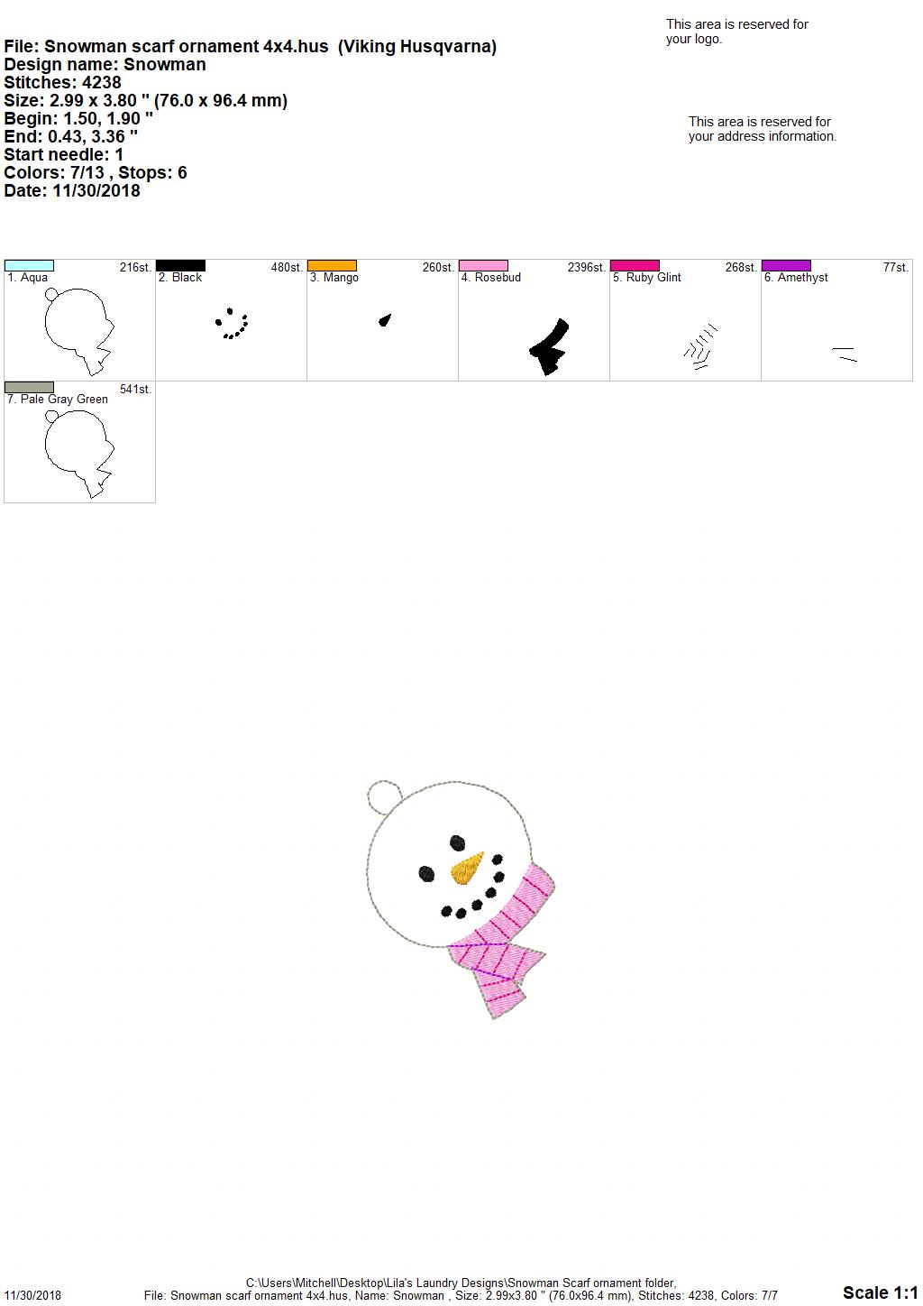 Snowman Scarf Ornament -Digital Embroidery Design