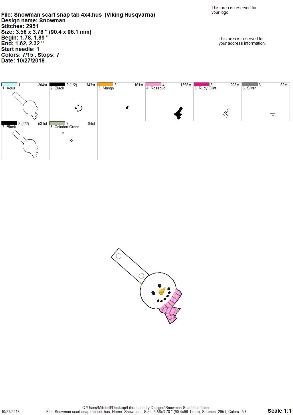 Snowman Scarf Fobs - Embroidery Design - DIGITAL Embroidery DESIGN