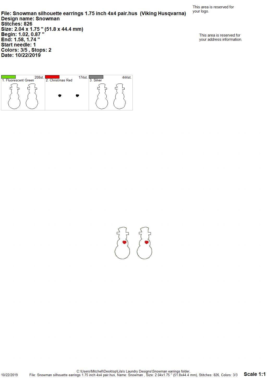 Snowman Silhouette Earrings - 3 sizes - Digital Embroidery Design