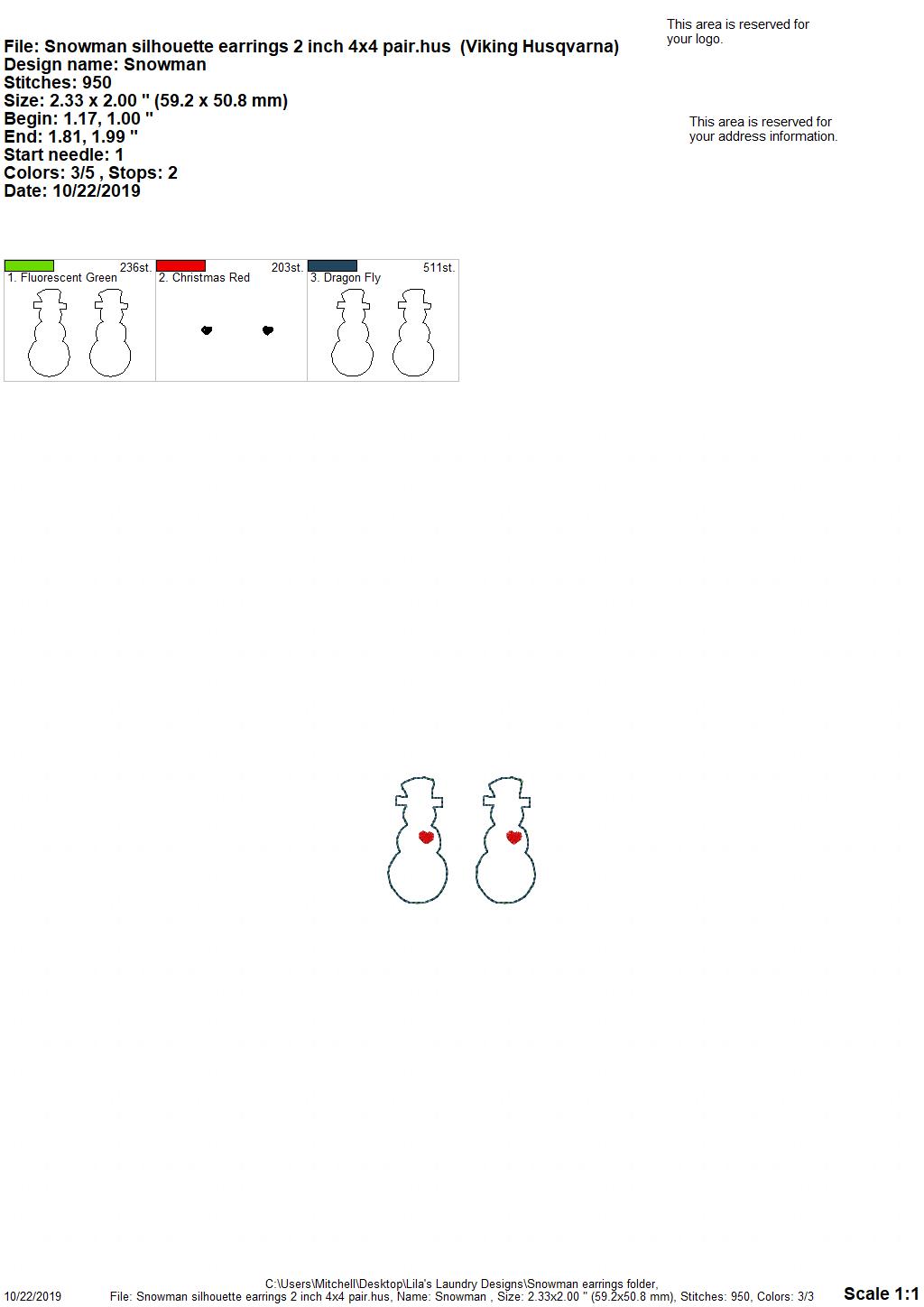 Snowman Silhouette Earrings - 3 sizes - Digital Embroidery Design