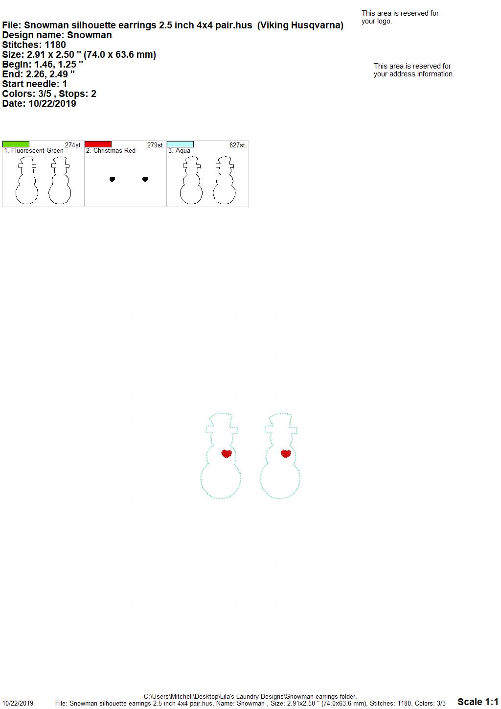 Snowman Silhouette Earrings - 3 sizes - Digital Embroidery Design