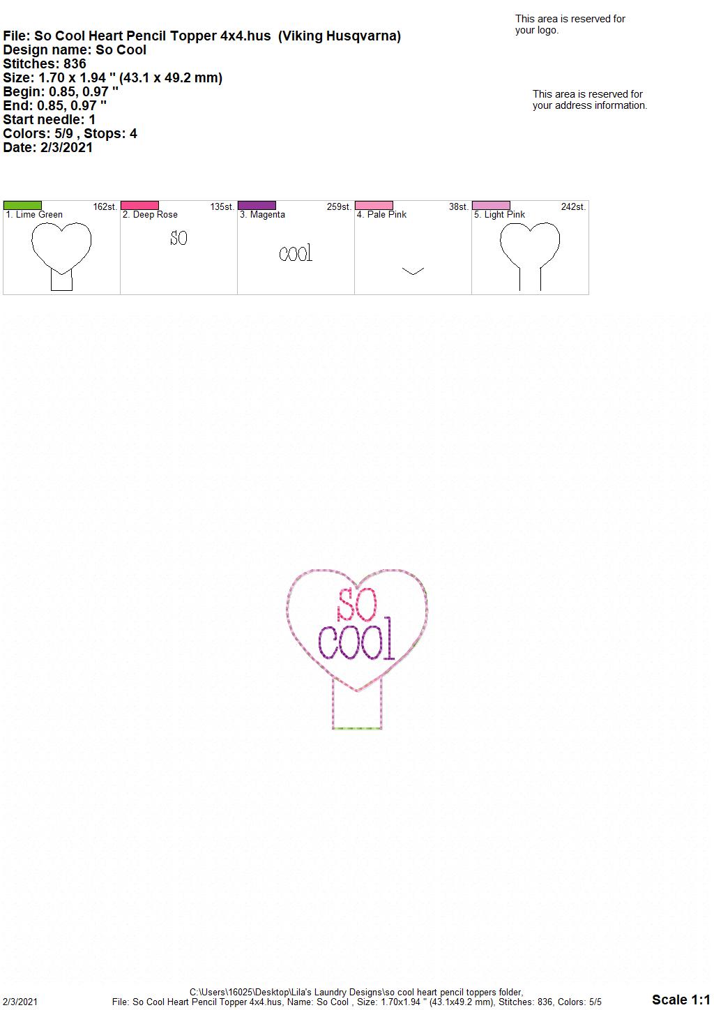 So Cool Heart Pencil Toppers 4x4 and 5x7 included- DIGITAL Embroidery DESIGN