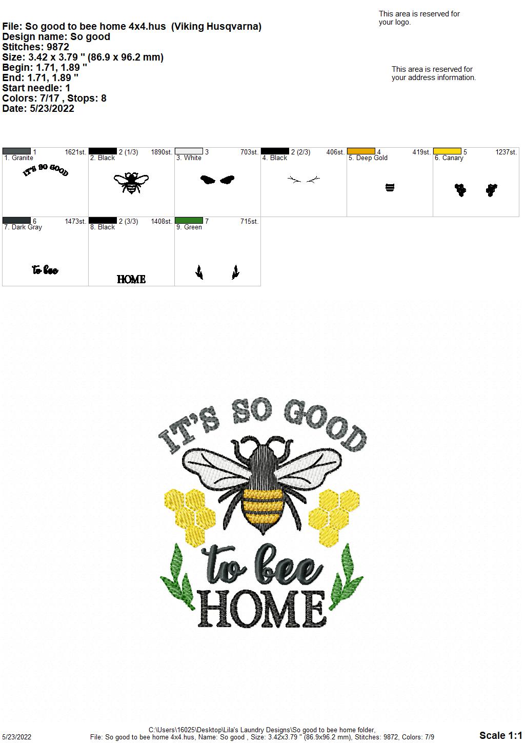 So Good to Bee Home - 4 sizes- Digital Embroidery Design