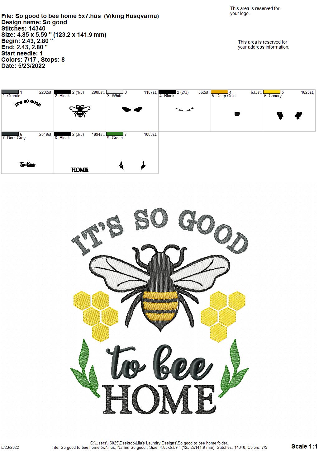 So Good to Bee Home - 4 sizes- Digital Embroidery Design
