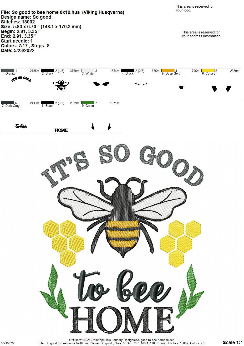 So Good to Bee Home - 4 sizes- Digital Embroidery Design
