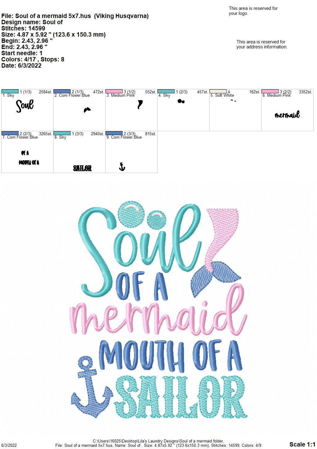 Soul of a Mermaid - 3 sizes- Digital Embroidery Design