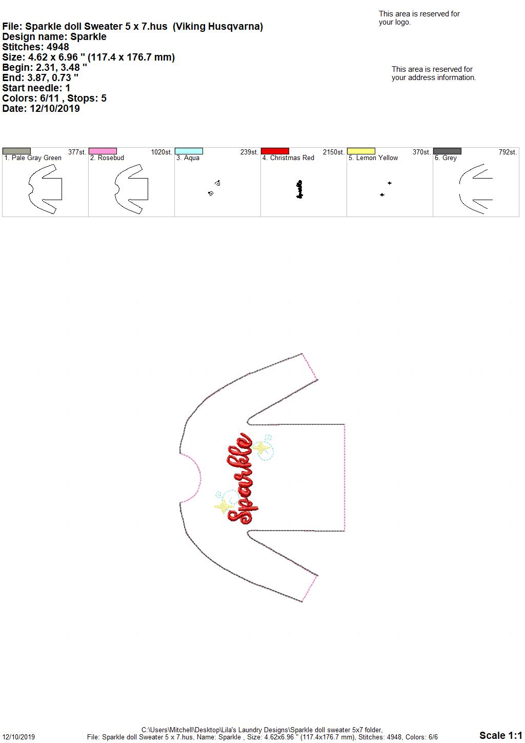 Sparkle Doll Sweater 5x7 - Digital Embroidery Design