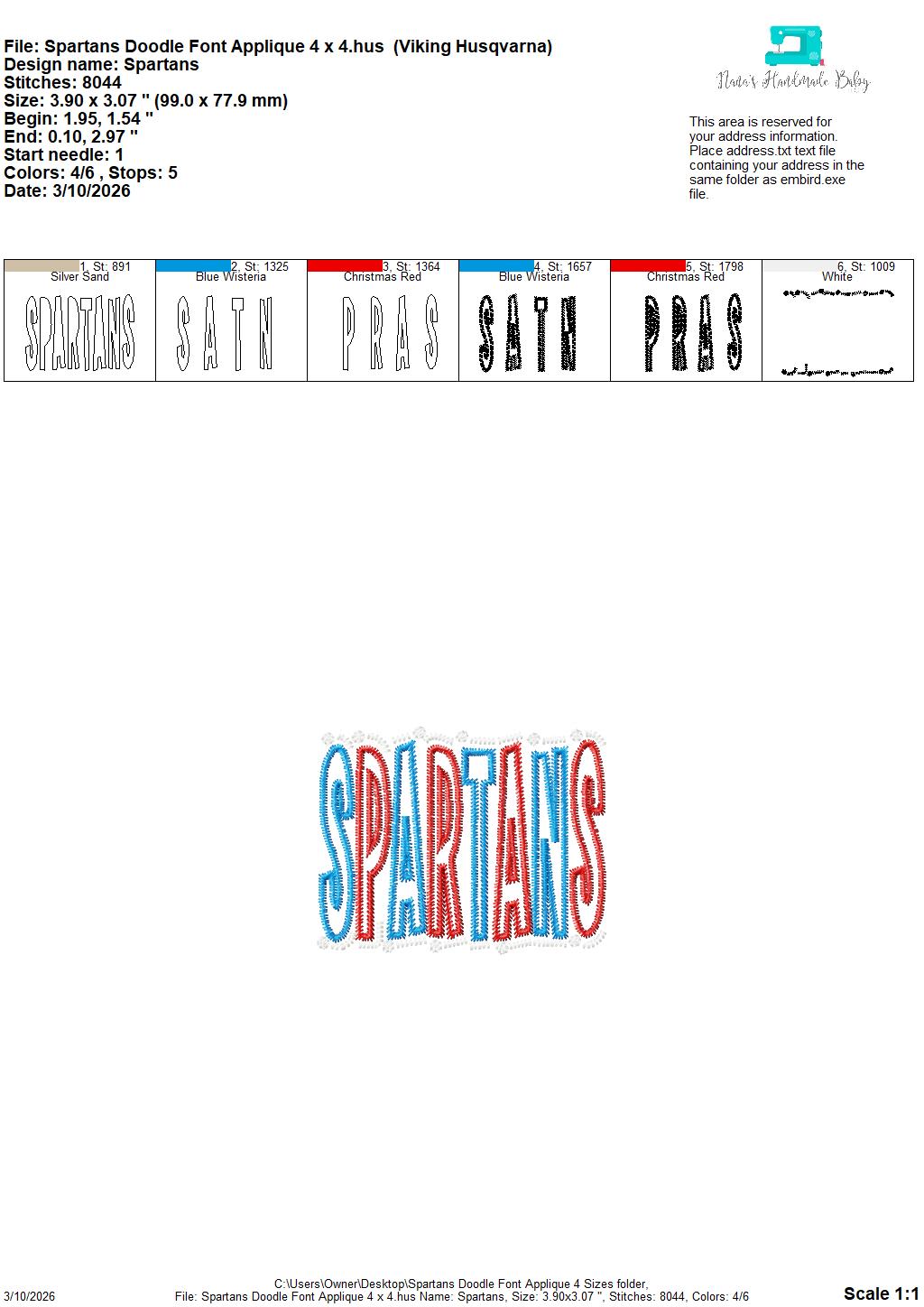 Spartans Doodle Font Applique – 4 x 4, 5 x 7, 6 x 10 and 8 x 12 – DIGITAL Embroidery Design