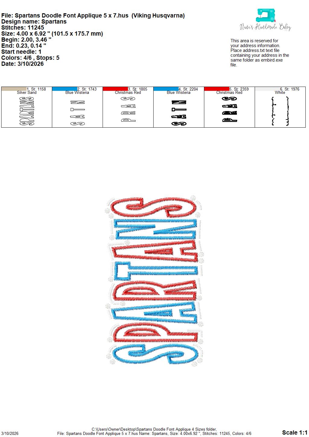 Spartans Doodle Font Applique – 4 x 4, 5 x 7, 6 x 10 and 8 x 12 – DIGITAL Embroidery Design