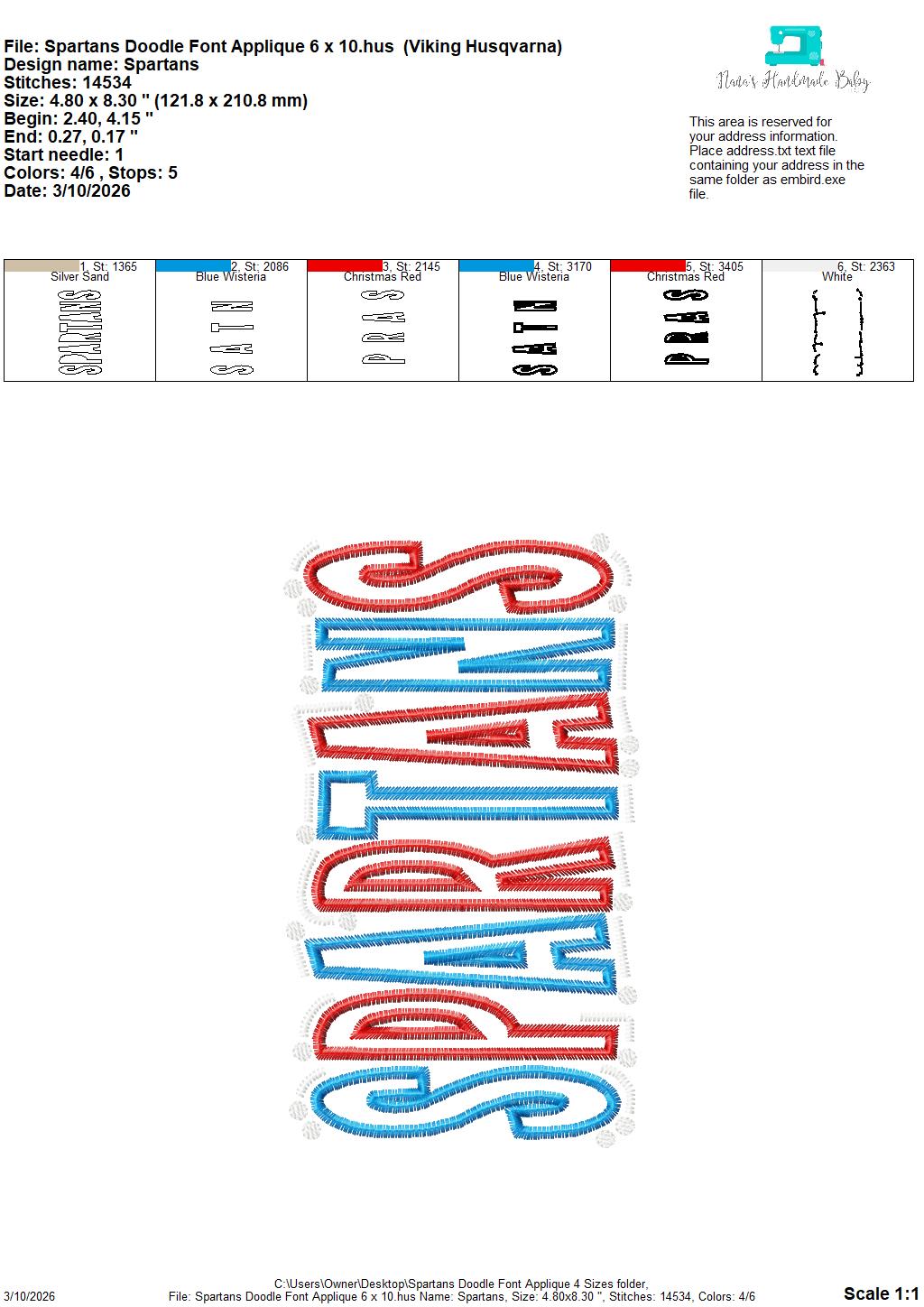 Spartans Doodle Font Applique – 4 x 4, 5 x 7, 6 x 10 and 8 x 12 – DIGITAL Embroidery Design
