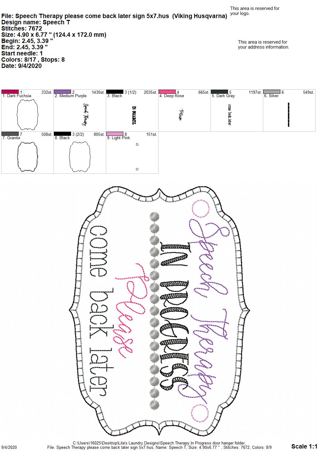 Speech Therapy Door Hanger - 3 sizes - Digital Embroidery Design