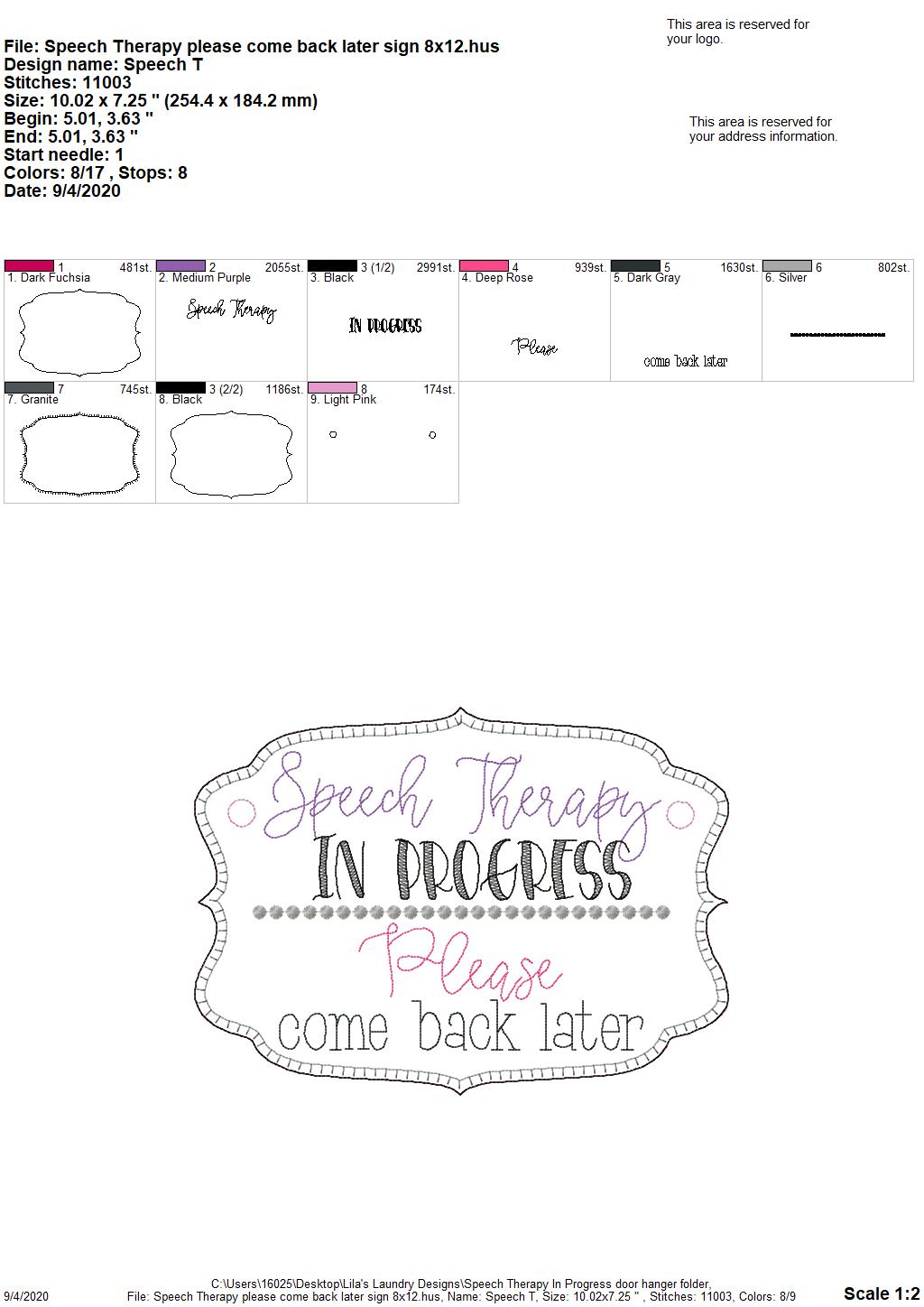 Speech Therapy Door Hanger - 3 sizes - Digital Embroidery Design