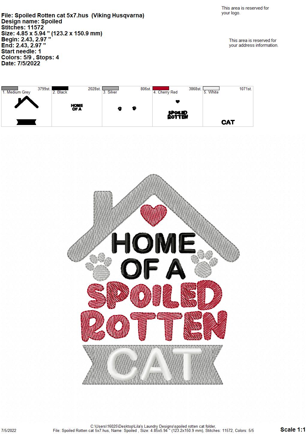Spoiled Rotten Cat - 3 sizes- Digital Embroidery Design