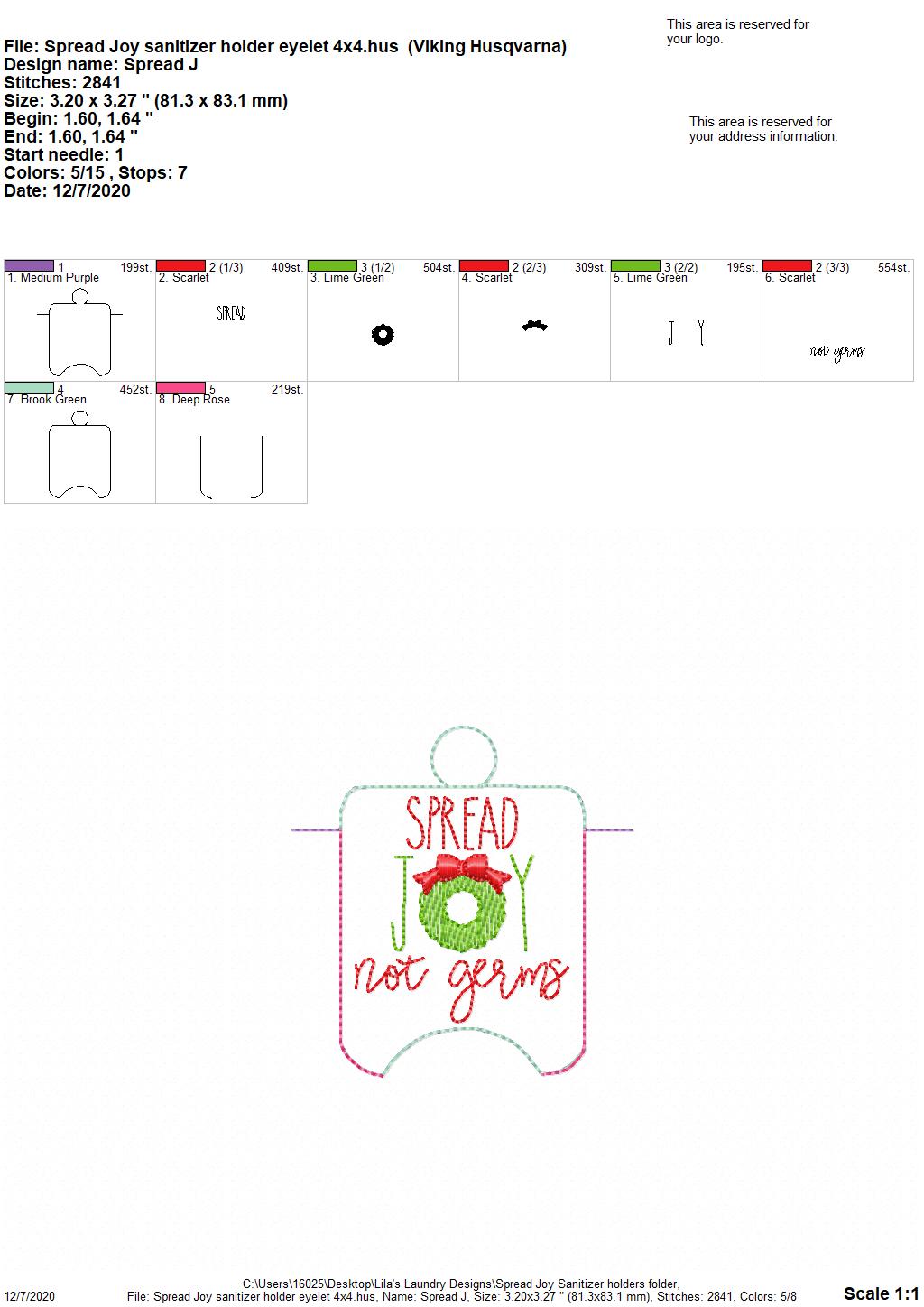 Spread Joy Not Germs Sanitizer Holders - DIGITAL Embroidery DESIGN