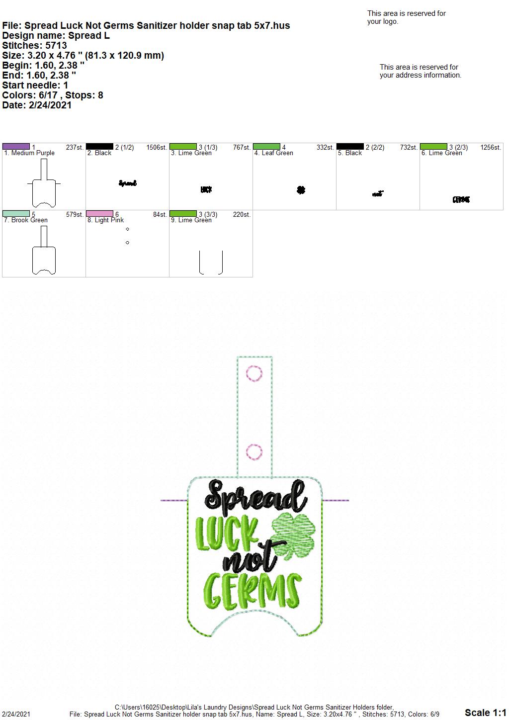 Spread Luck Not Germs Sanitizer Holders - DIGITAL Embroidery DESIGN