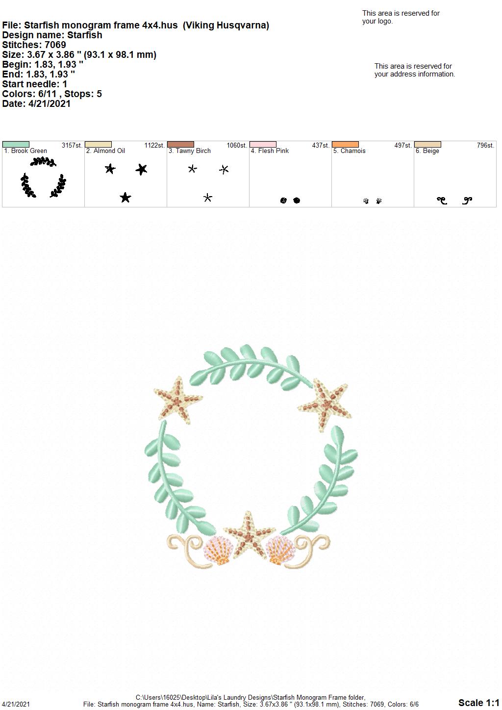 Starfish Monogram Frame - 4 sizes- Digital Embroidery Design