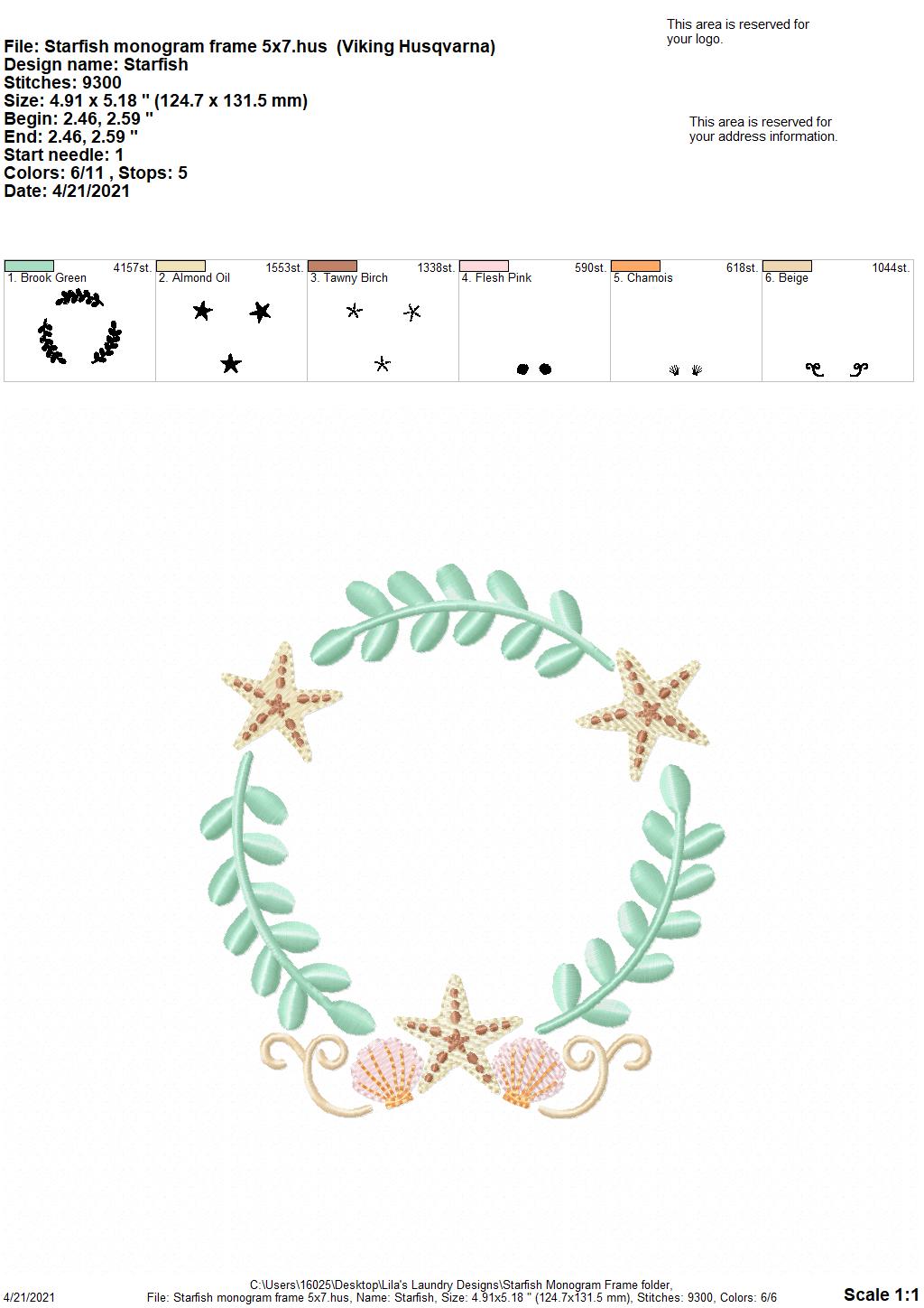 Starfish Monogram Frame - 4 sizes- Digital Embroidery Design