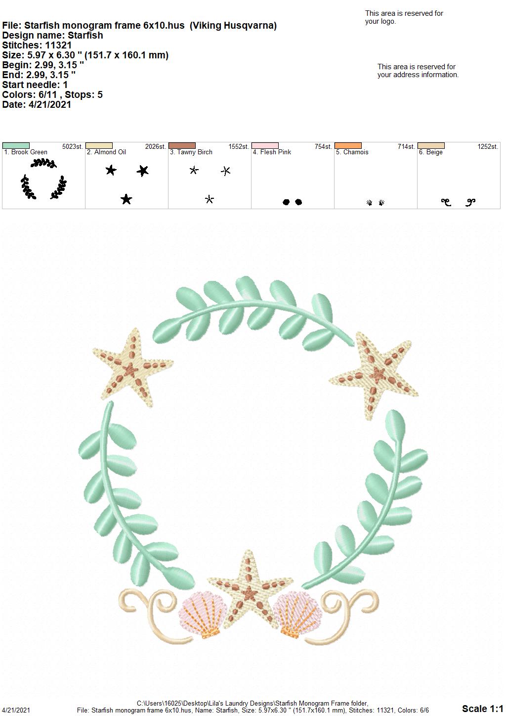 Starfish Monogram Frame - 4 sizes- Digital Embroidery Design