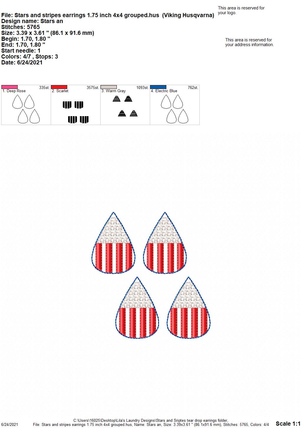 Stars and Stripes Earrings - 2 Sizes - Digital Embroidery Design