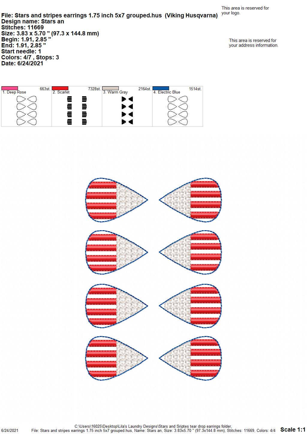 Stars and Stripes Earrings - 2 Sizes - Digital Embroidery Design
