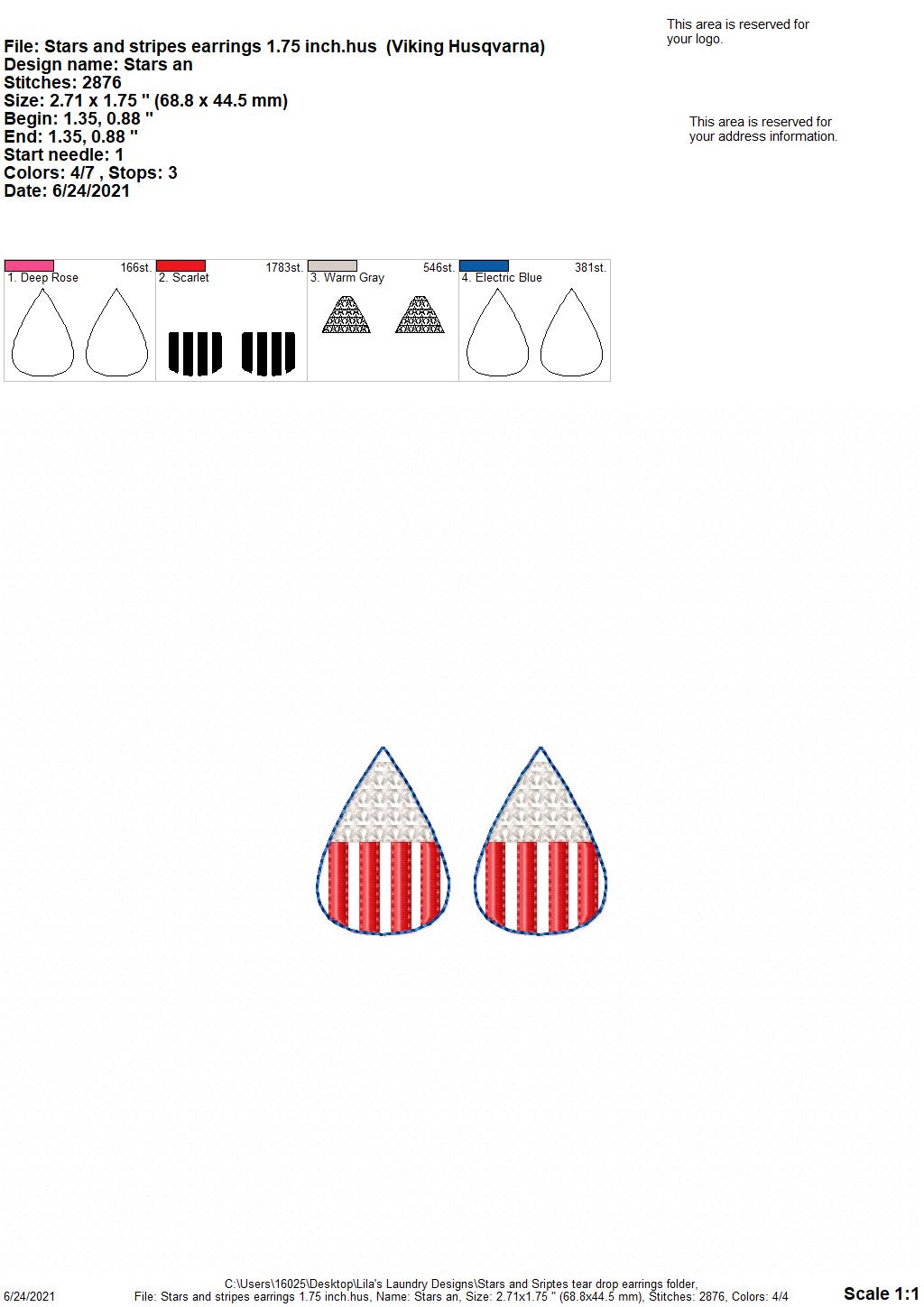 Stars and Stripes Earrings - 2 Sizes - Digital Embroidery Design