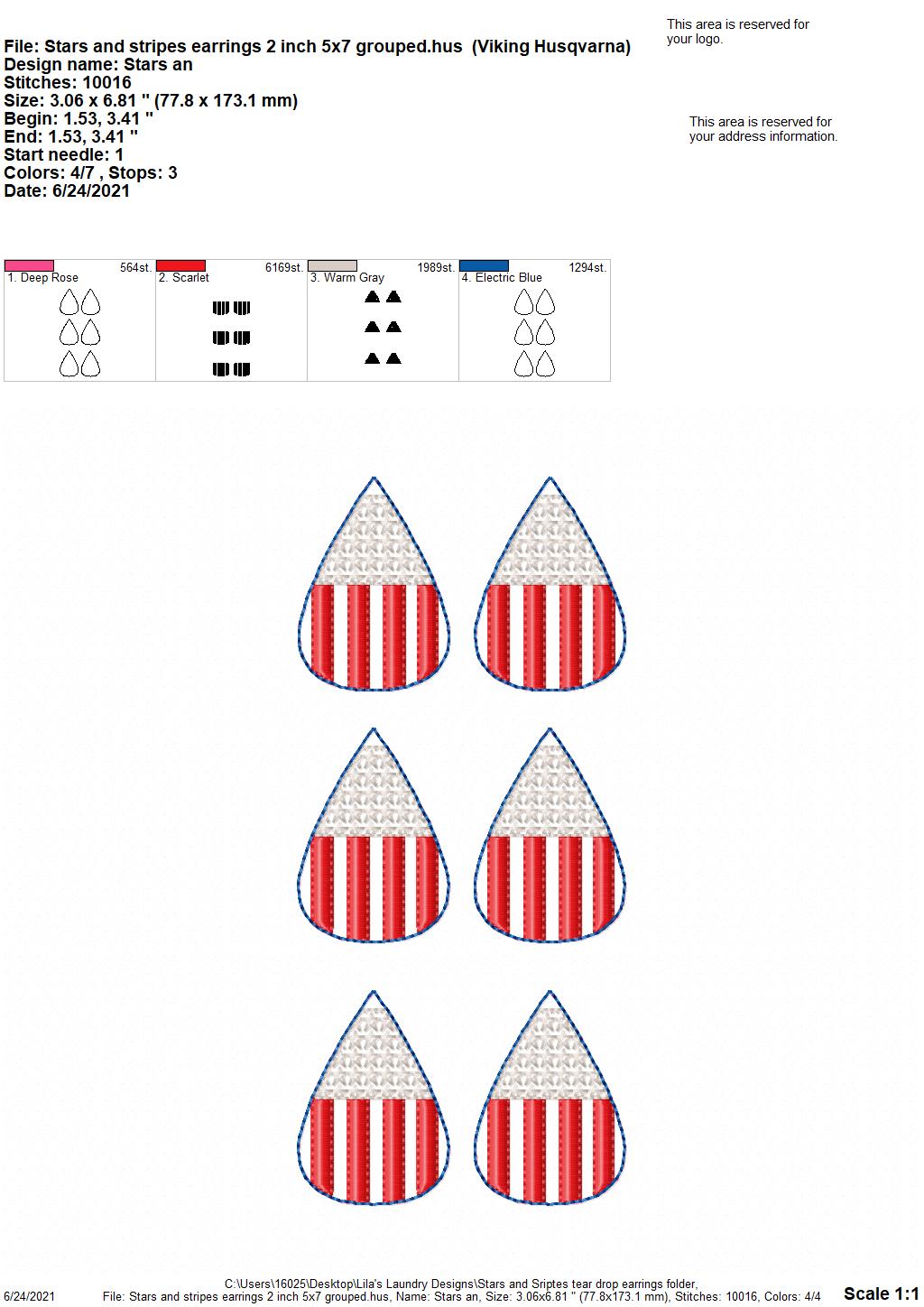 Stars and Stripes Earrings - 2 Sizes - Digital Embroidery Design