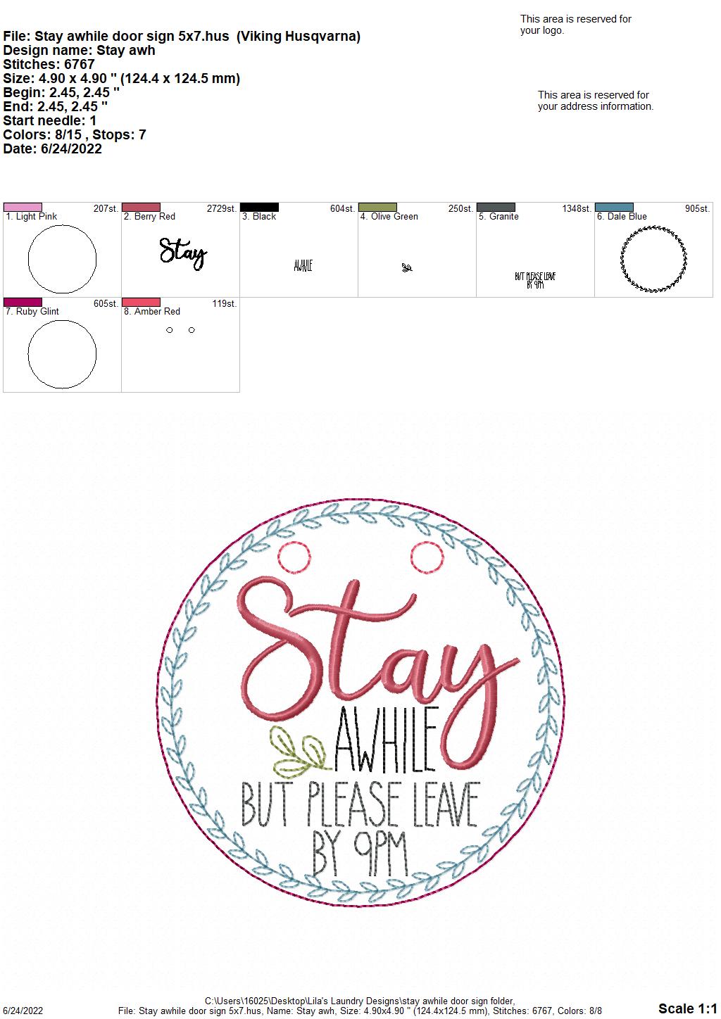 Stay Awhile Door Sign - 3 sizes - Digital Embroidery Design