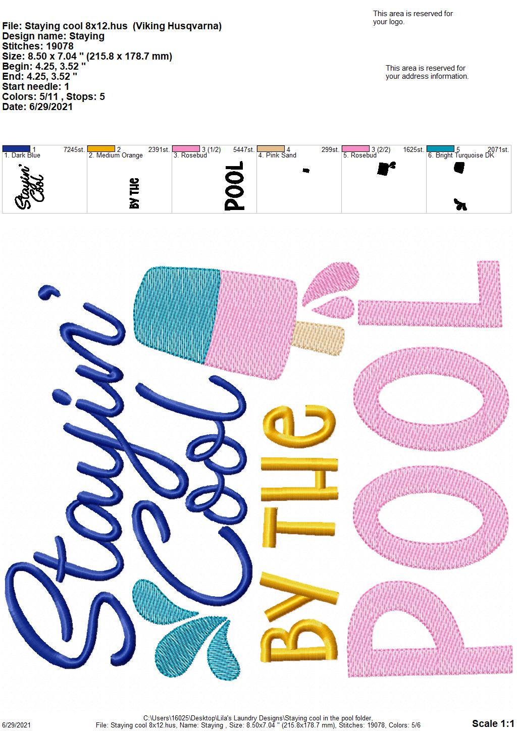 Stayin' Cool by the Pool - 3 sizes- Digital Embroidery Design