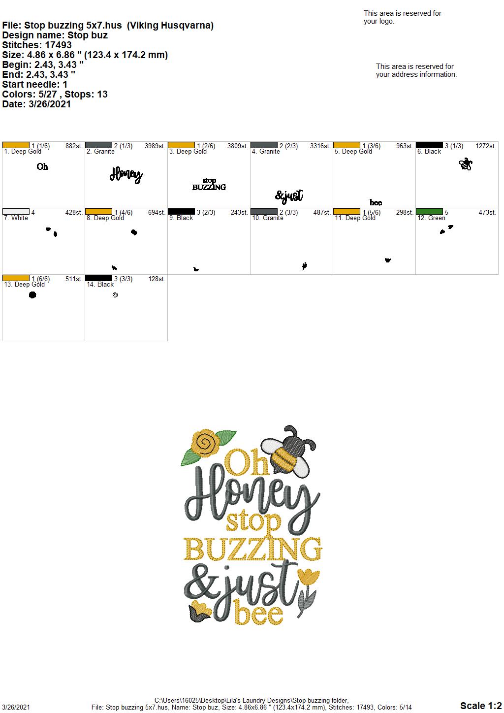 Stop Buzzing- 2 sizes- Digital Embroidery Design