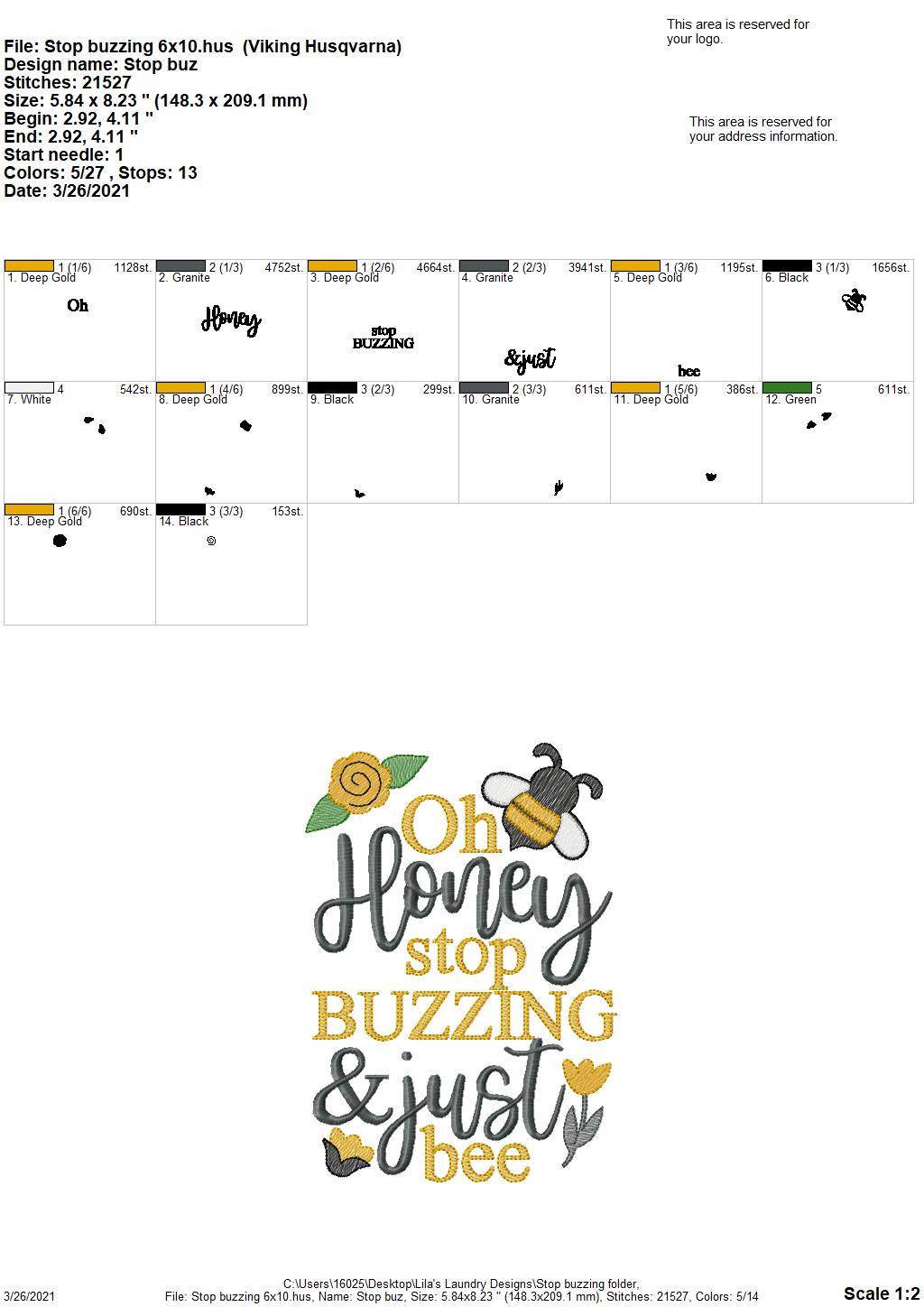 Stop Buzzing- 2 sizes- Digital Embroidery Design