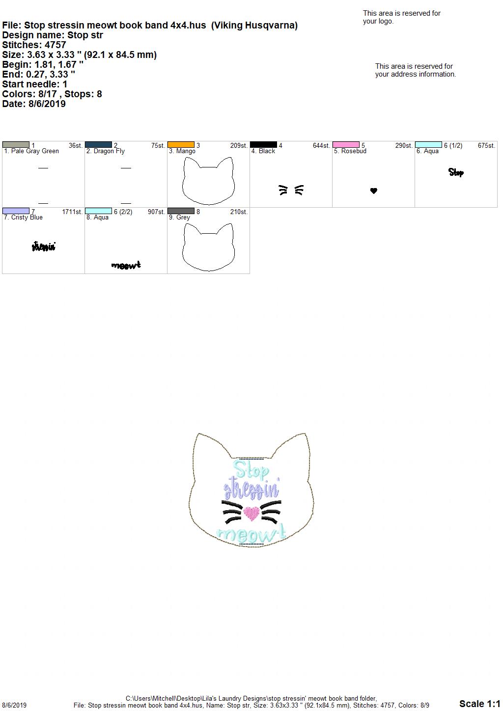 Stop Stressin' Meowt Book Band - Digital Embroidery Design