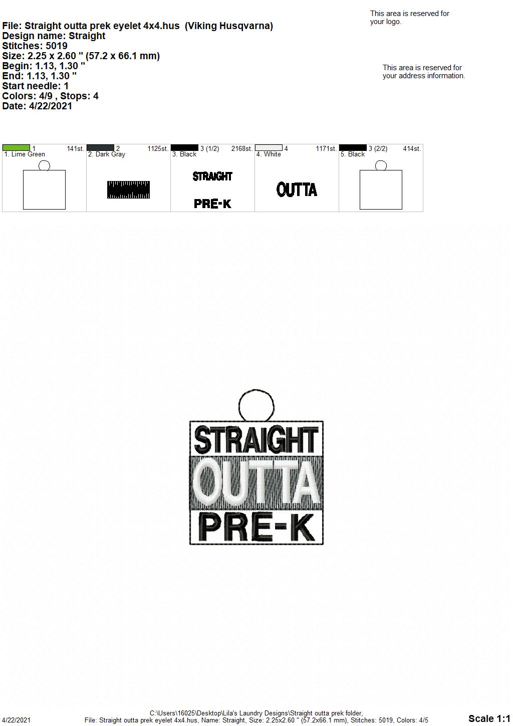 Straight Outta Pre-K Fobs _ DIGITAL Embroidery DESIGN