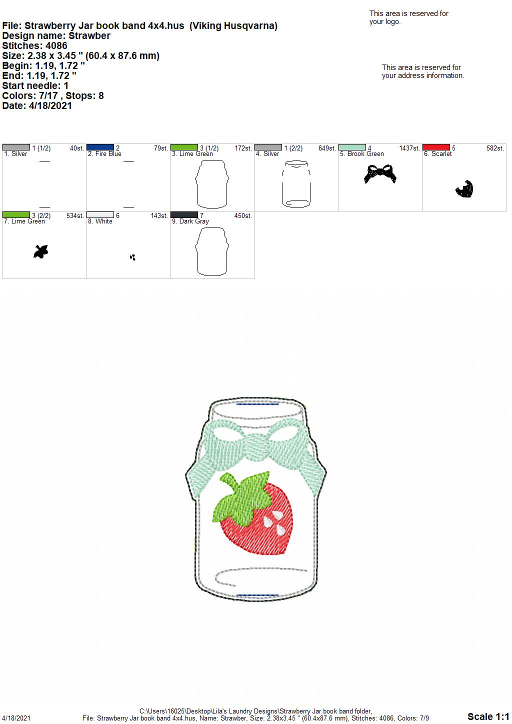 Strawberry Jar Book Band - Embroidery Design, Digital File