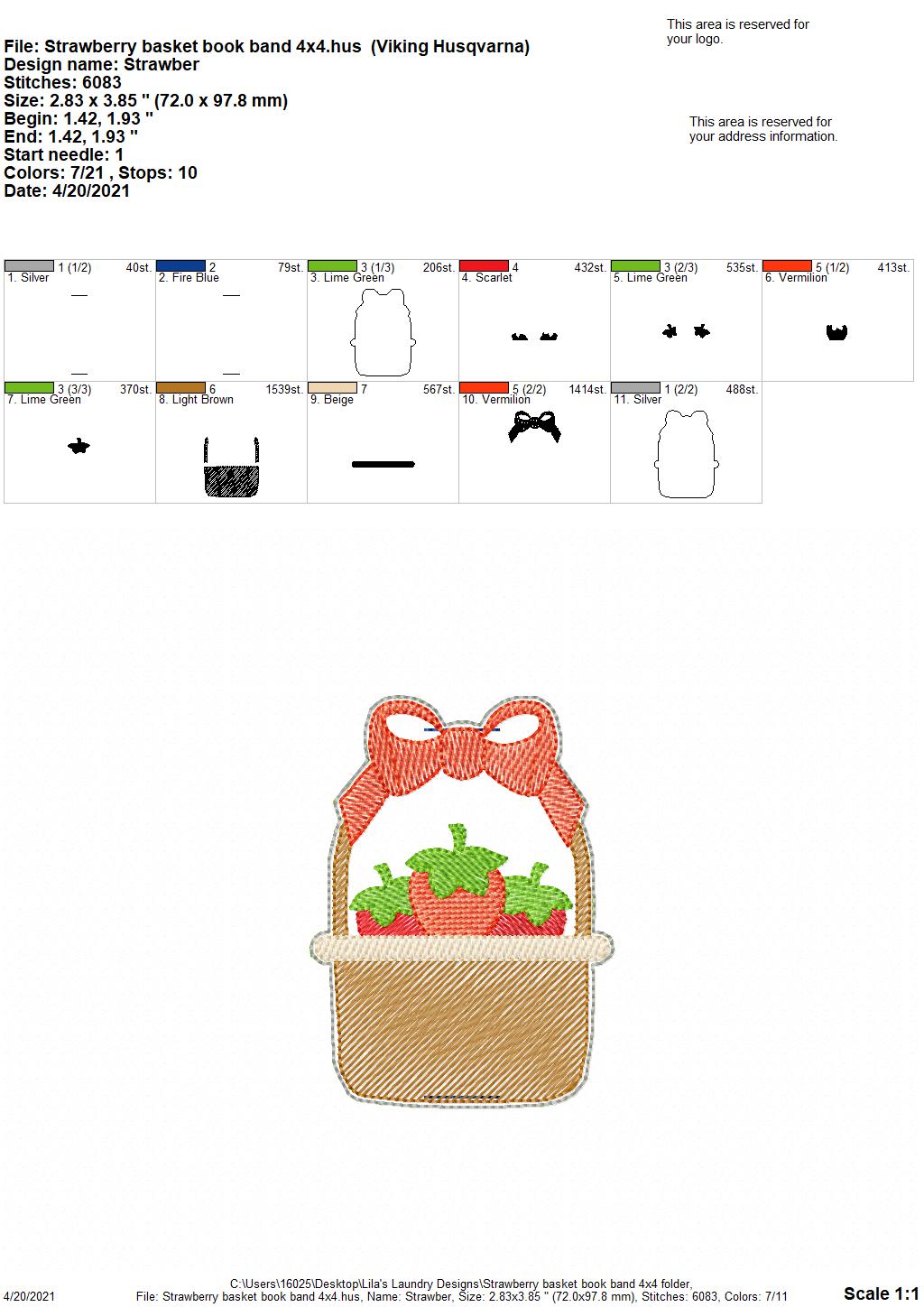 Strawberry Basket Book Band - Embroidery Design, Digital File
