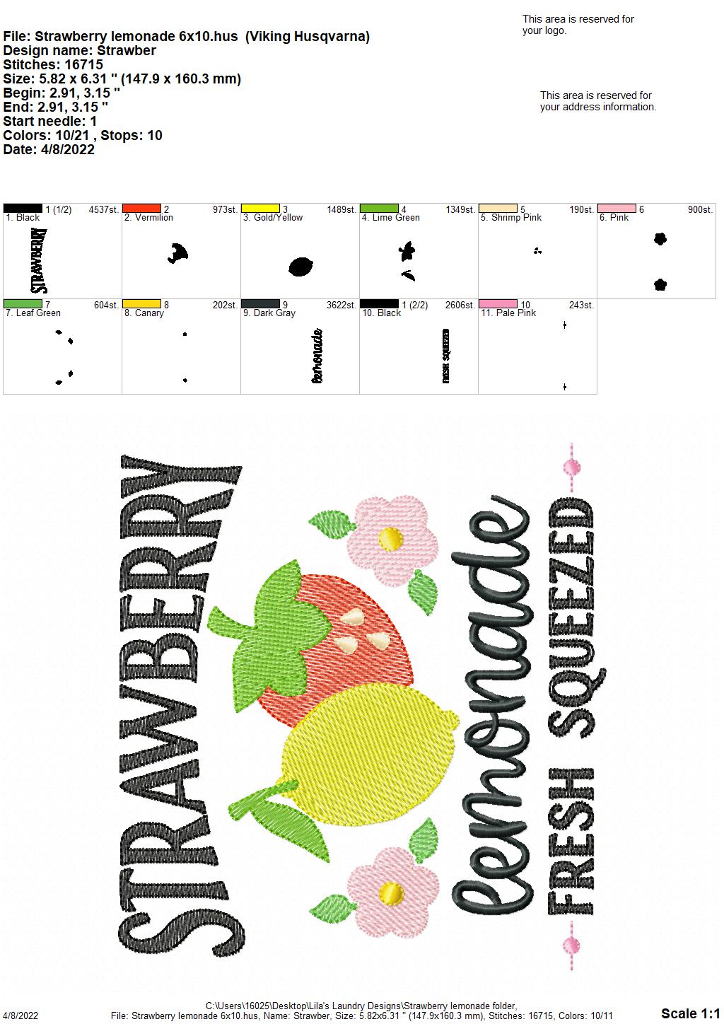 Strawberry Lemonade - 3 sizes- Digital Embroidery Design
