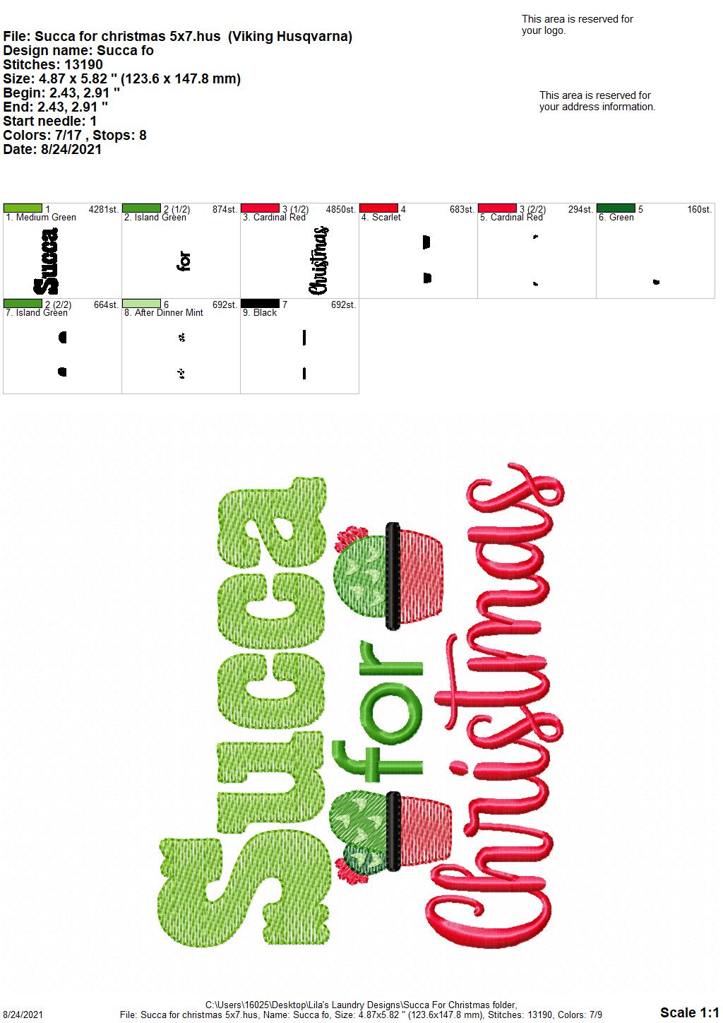 Succa for Christmas - 3 sizes- Digital Embroidery Design